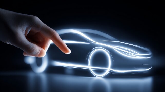 Futuristic car design illuminated by neon lights and human interaction.