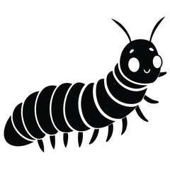 A black caterpillar with a happy expression crawls along in this simple vector