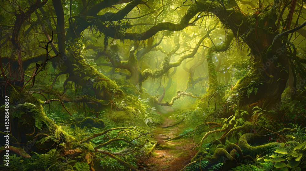 Poster serene overgrown forest road with lush moss and ferns lining path, illuminated by soft sunlight filt