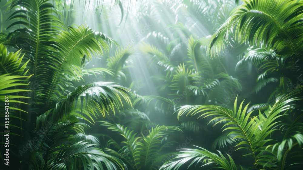 Poster lush green jungle with vibrant leaves and soft light filtering through, creating serene and tranquil