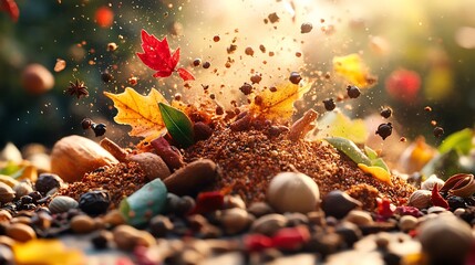 Autumn spice explosion. A vibrant pile of colorful spices, herbs, and nuts erupts in a burst of autumn foliage. Sunlight streams down, highlighting the colorful mix