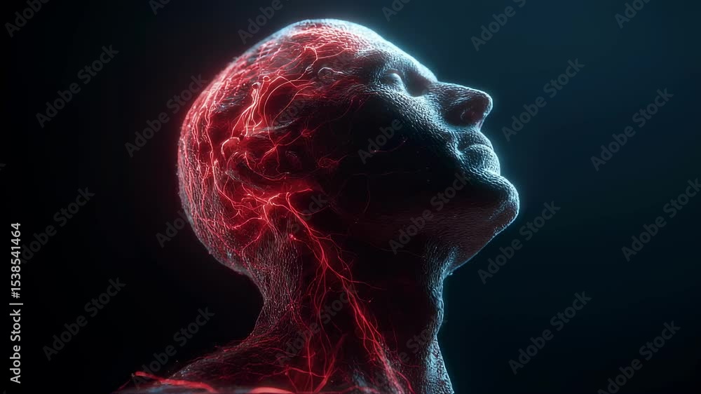 Poster neural network glowing in deep red, illuminating intricate brain activity within human visual cortex