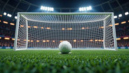 Soccer ball centered on pitch against stadium lights and goal net