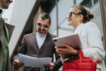 A businessman smiles while sharing printed materials as others join with enthusiasm, creating a...