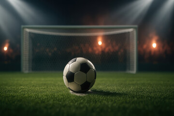 Soccer ball on field with goal and stadium lights in background