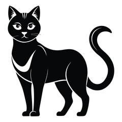 Sleek black cat stands gracefully with an elegantly curved tail in this art