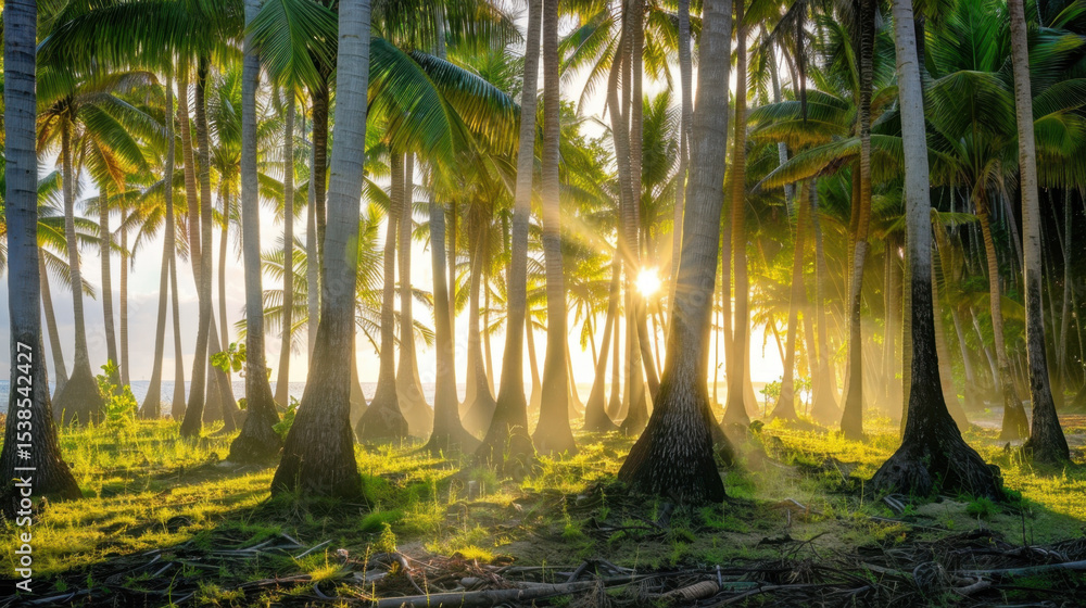 Poster serene palm grove with sunlight filtering through tall trunks, creating magical atmosphere in nature