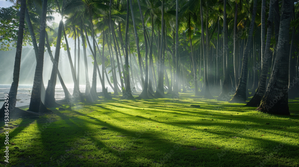 Poster lush palm grove with sunlight filtering through tall trunks, creating serene atmosphere and beautifu