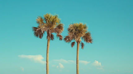 Obraz premium Tall palm trees sway gently against bright blue sky, creating serene tropical atmosphere