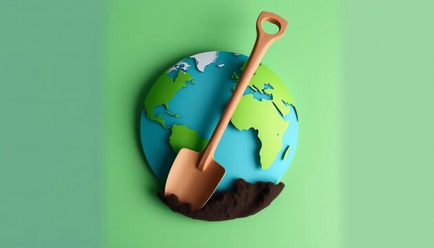 Paper cut globe with shovel, World Soil Day, environmental awareness,   artwork,  land
