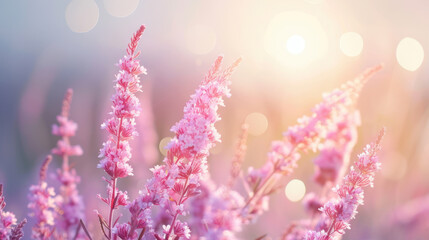 Delicate pink flowers bathed in soft light create serene atmosphere, enhanced by glowing bokeh effects in background