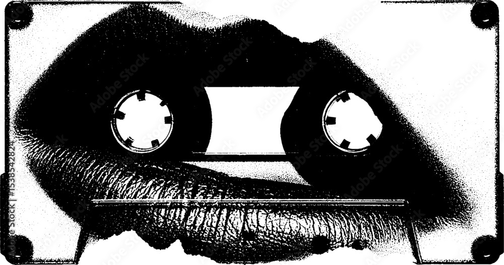 Poster retro cassette tape with lip texture in high contrast black and white design for artistic display
