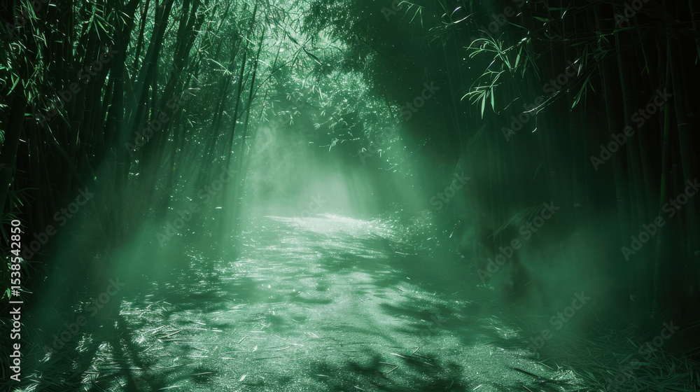 Poster serene path through bamboo forest illuminated by filtered green light, creating tranquil and mystica