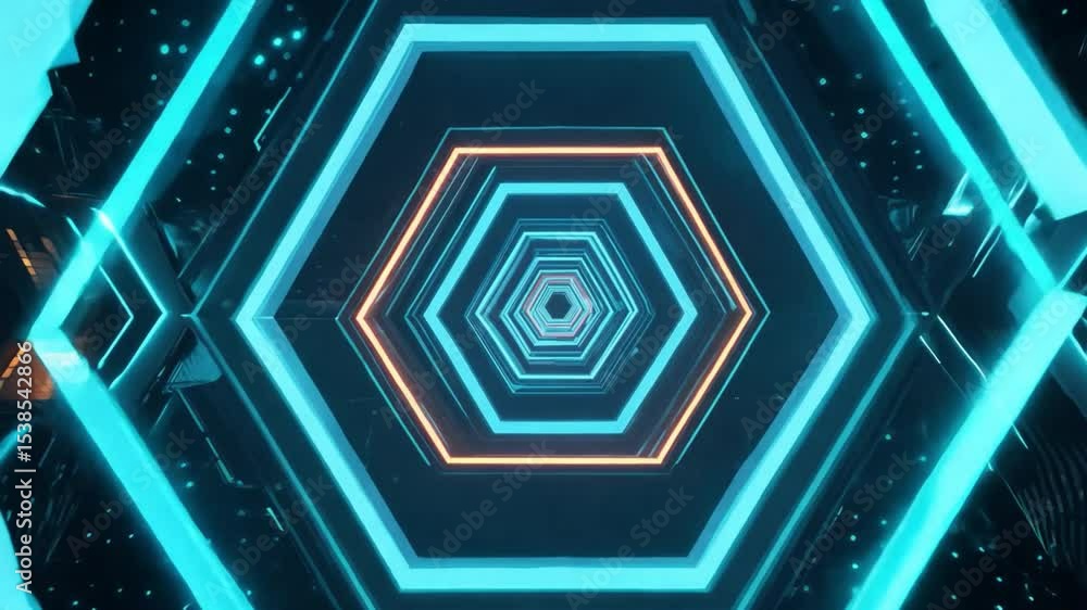 Poster futuristic geometric shapes with neon lights in a dark space creating a vibrant and dynamic visual e