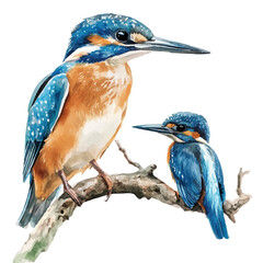 A Mother Kingfisher With Her Kid, watercolor vector, isolated on a white background.