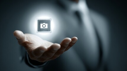 A businessman holds a digital camera icon in his hand, symbolizing innovation and vision.