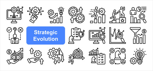 Strategic evolution icon collection set. Digital transformation, Innovation, Adaptation, Agility, Continuous improvement, Leadership, Strategic management.