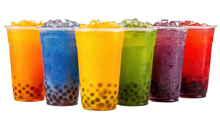 Colorful variety of refreshing bubble tea drinks in plastic cups on black background