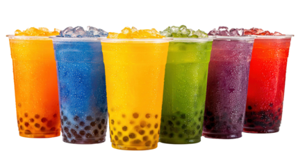 Colorful variety of refreshing bubble tea drinks in plastic cups on black background