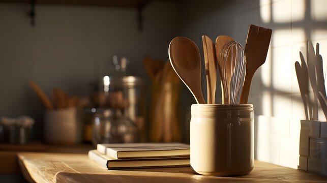 Cozy kitchen scene featuring wooden utensils in a jar on a wooden table with sunlight streaming in