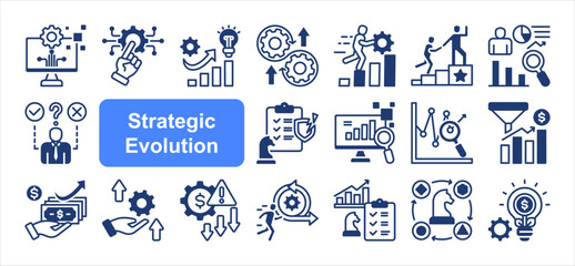 Fototapeta premium Strategic evolution icon collection set. Digital transformation, Innovation, Adaptation, Agility, Continuous improvement, Leadership, Strategic management.