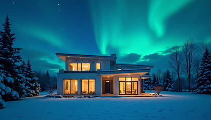 Modern House Under the Northern Lights, Winter Landscape with Aurora Borealis