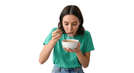 Woman Enjoying Hot Soup with a Spoonful in Hand Isolated