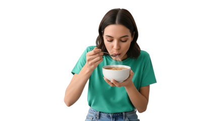 Woman Enjoying Hot Soup with a Spoonful in Hand Isolated