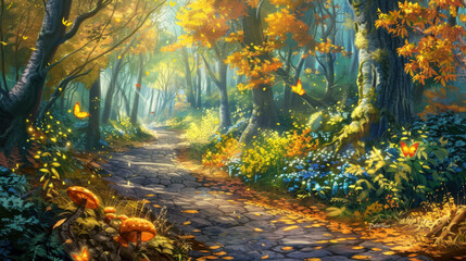 Serene forest path adorned with vibrant autumn leaves, colorful flowers, and fluttering butterflies creates magical atmosphere