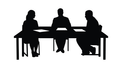 Vector silhouette illustration of people and women sitting at cafe tables with computers and coffee business people meeting silhouette icon