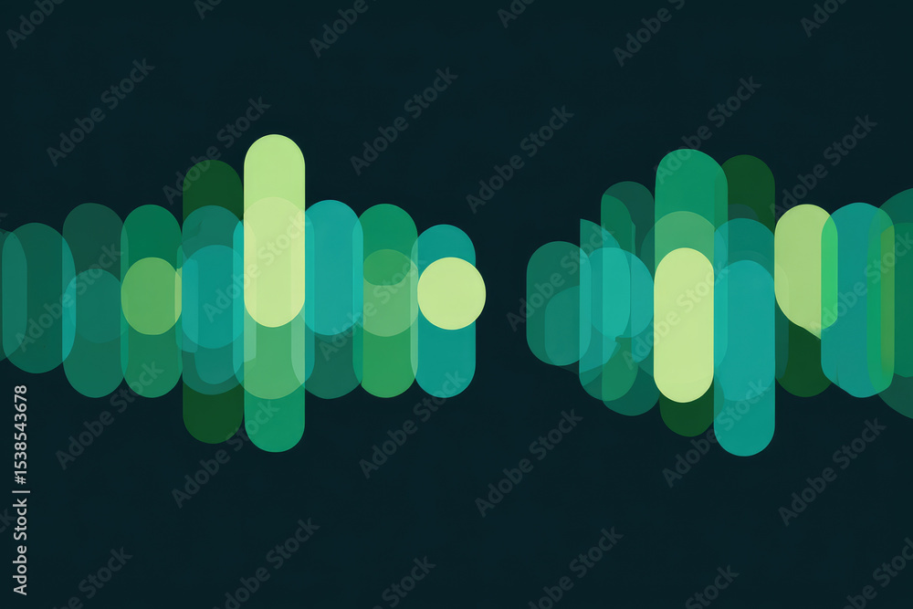 Poster abstract art of overlapping green and blue speech waveforms on dark background, modern digital sound