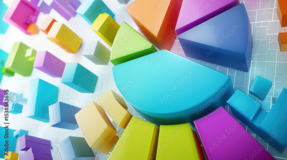 Poster colorful pie chart segments and 3d blocks create vibrant data visualization, showcasing dynamic anal