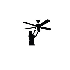 man fixing ceiling fan silhouette on white background