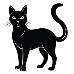 Sleek black cat stands gracefully with a subtly curved tail, displaying elegance and mystery