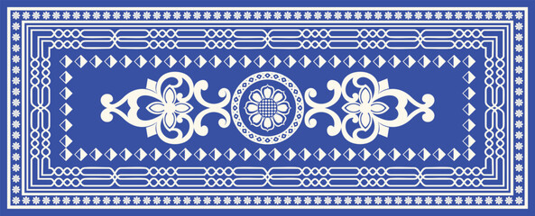 Traditional blue floral carpet vector frame – blue and ivory decorative geometric tile pattern vector illustration, for tiles, rugs, wall art, fabric prints and islamic decorative design.