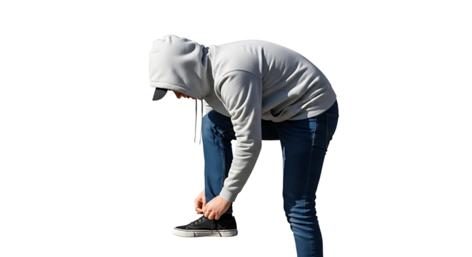 Person Tying Shoe Laces Outdoor Wearing Hoodie