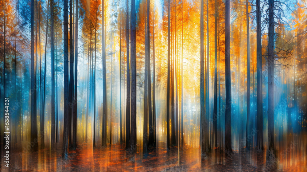 Poster serene forest scene with tall trees surrounded by vibrant autumn colors and soft light filtering thr