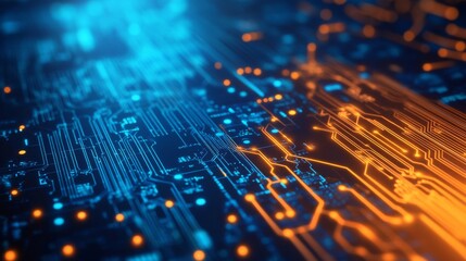 Futuristic orange and blue circuit board background with glowing digital lines, abstract electronic motherboard pattern, high-tech innovation and data communication concept




