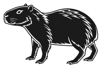 Black capybara illustration with white outline stands facing left in clean format