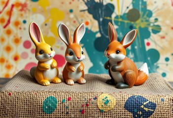 Playful ceramic bunnies & fox on burlap, abstract paint splatters,  small,  sweet