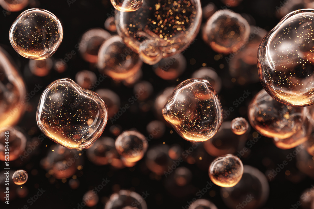 Poster shiny transparent bubbles with golden particles floating in dark background abstract 3d render glowi