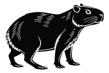 Black silhouette shows an adorable capybara standing elegantly on a white isolated background