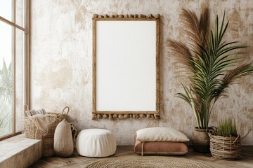 Mockup frame displayed in a cozy nomadic boho interior with natural elements highlighting the warm ambiance of a serene living space