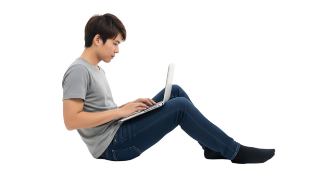 Person Using Laptop Sitting on Floor Working