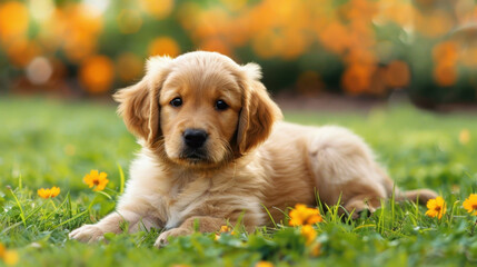 Playful puppy lying on green grass surrounded by vibrant flowers, exuding sense of joy and innocence