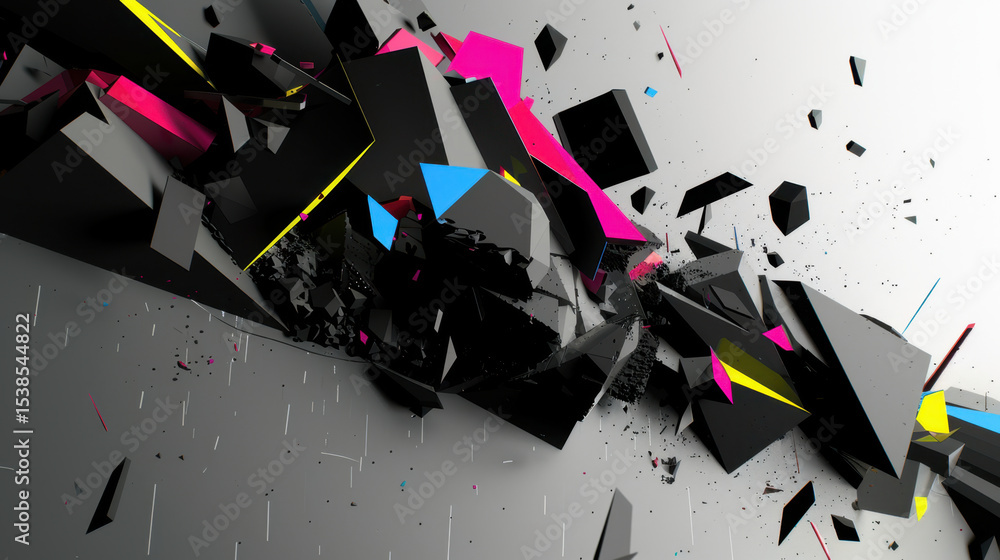 Aufkleber dynamic explosion of geometric shapes in high contrast colors, creating chaotic yet vibrant visual e