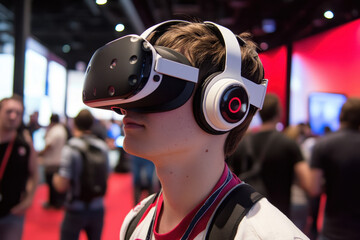 Young person immersed in virtual reality technology at a tech expo, exploring digital worlds with headgear in a vibrant and bustling environment filled with attendees