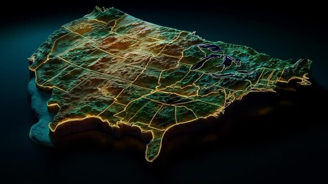 USA Map with State Boundaries, Topographic Details, and Lit Edges Visualization