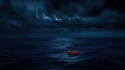 Dark sea, stormy night, lone raft