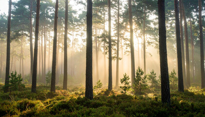 Obraz premium Sunlight filters through a misty autumn forest at dawn, illuminating green trees and a winding path